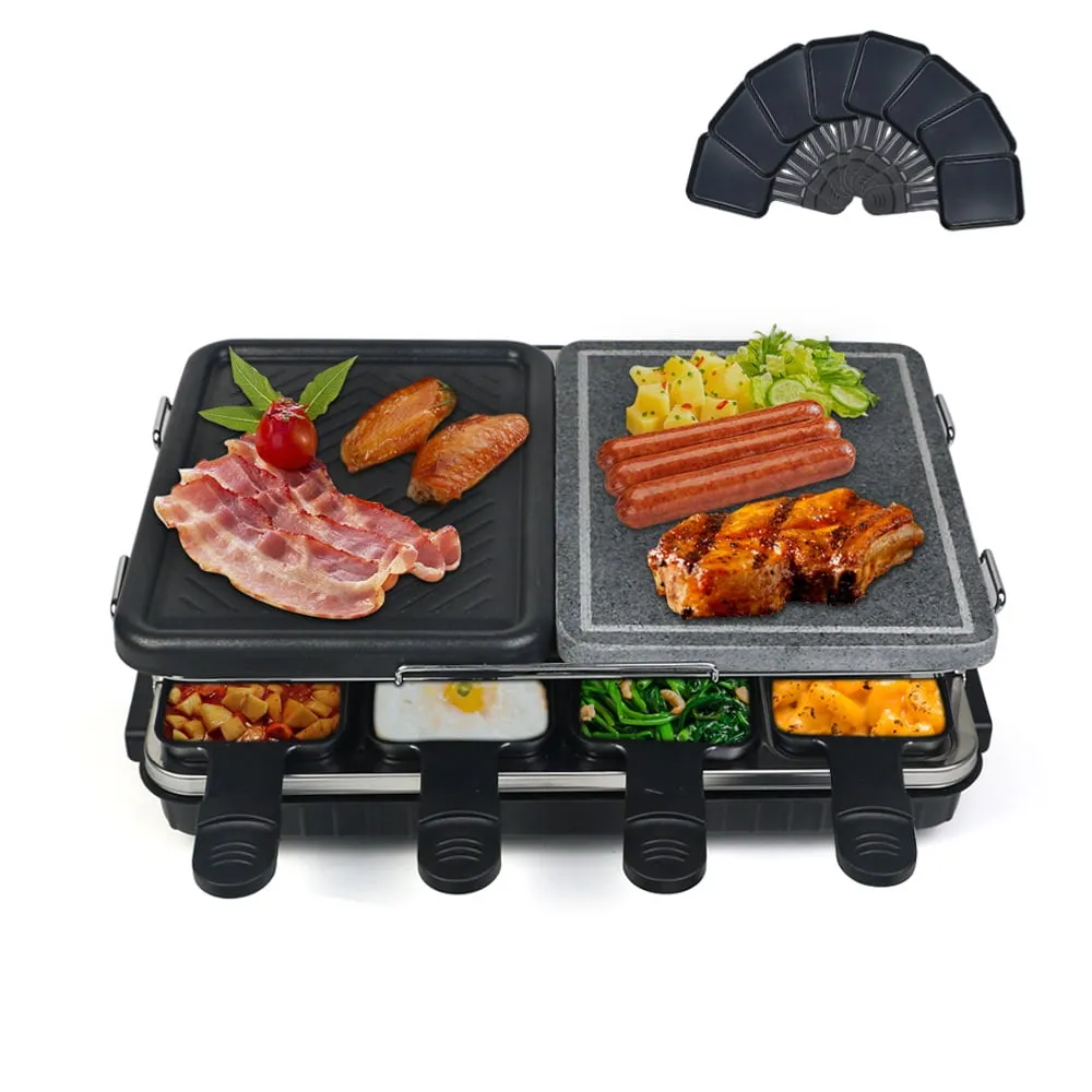 1300w Dual Raclette Table Grill w Non-Stick Grilling Plate & Cooking Stone- 8 Person Electric Tabletop Cooker for Korean BBQ- Melt Cheese, Cook Meat & Veggies at Once