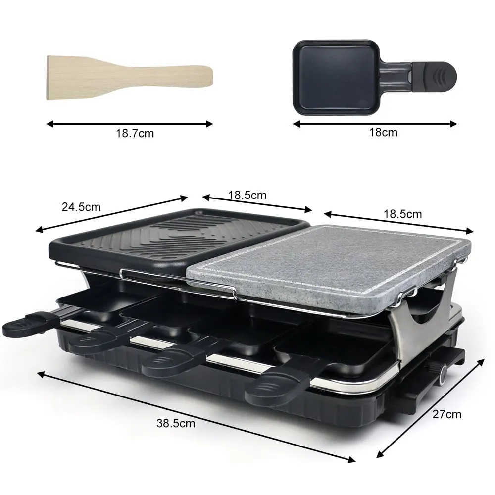 1300w Dual Raclette Table Grill w Non-Stick Grilling Plate & Cooking Stone- 8 Person Electric Tabletop Cooker for Korean BBQ- Melt Cheese, Cook Meat & Veggies at Once