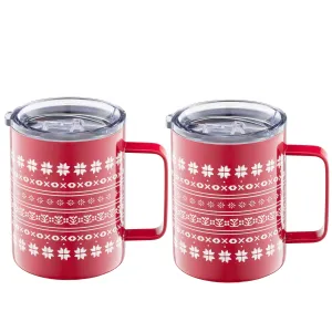 16 Oz White & Red Fair Isle Coffee Mugs, Set Of 2