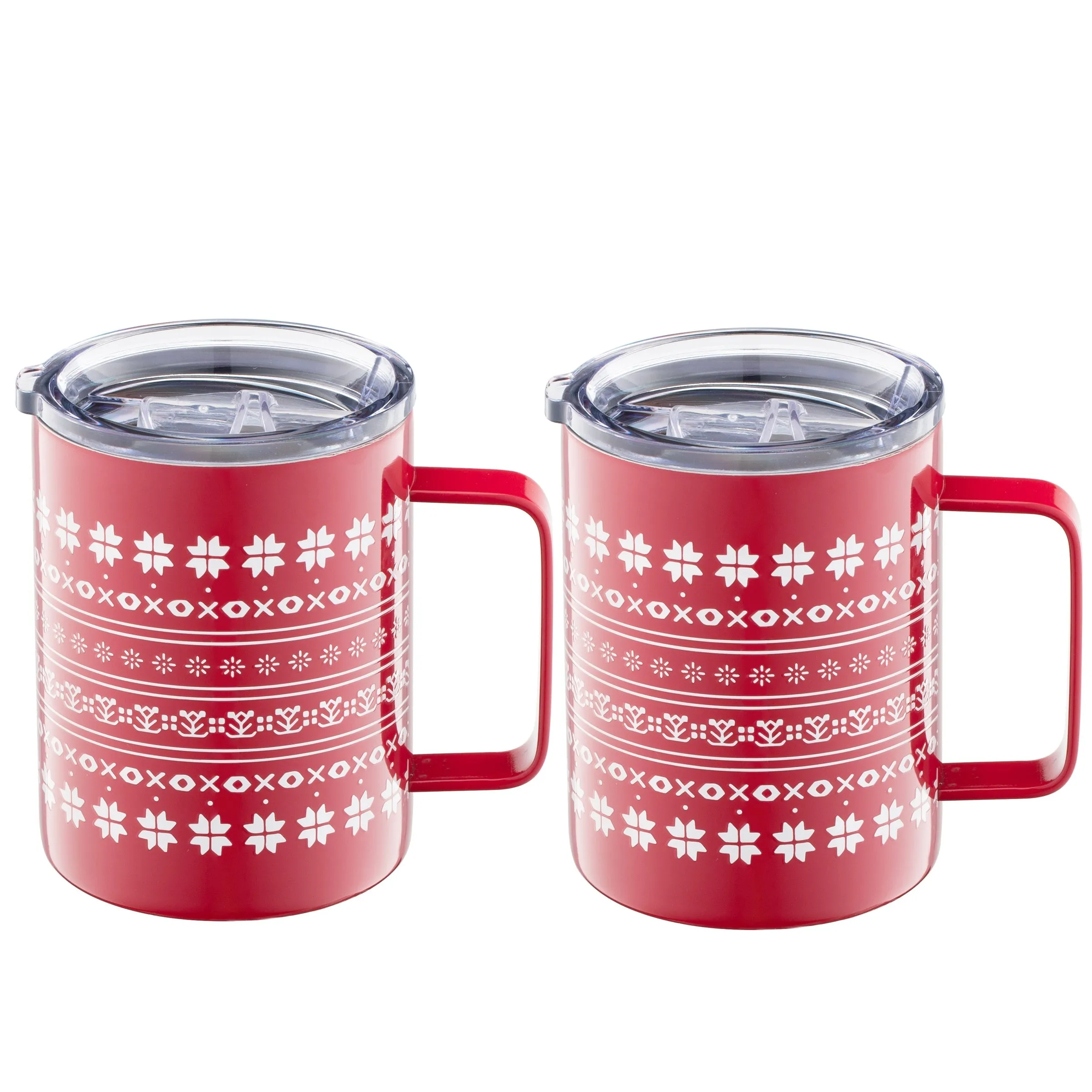 16 Oz White & Red Fair Isle Coffee Mugs, Set Of 2