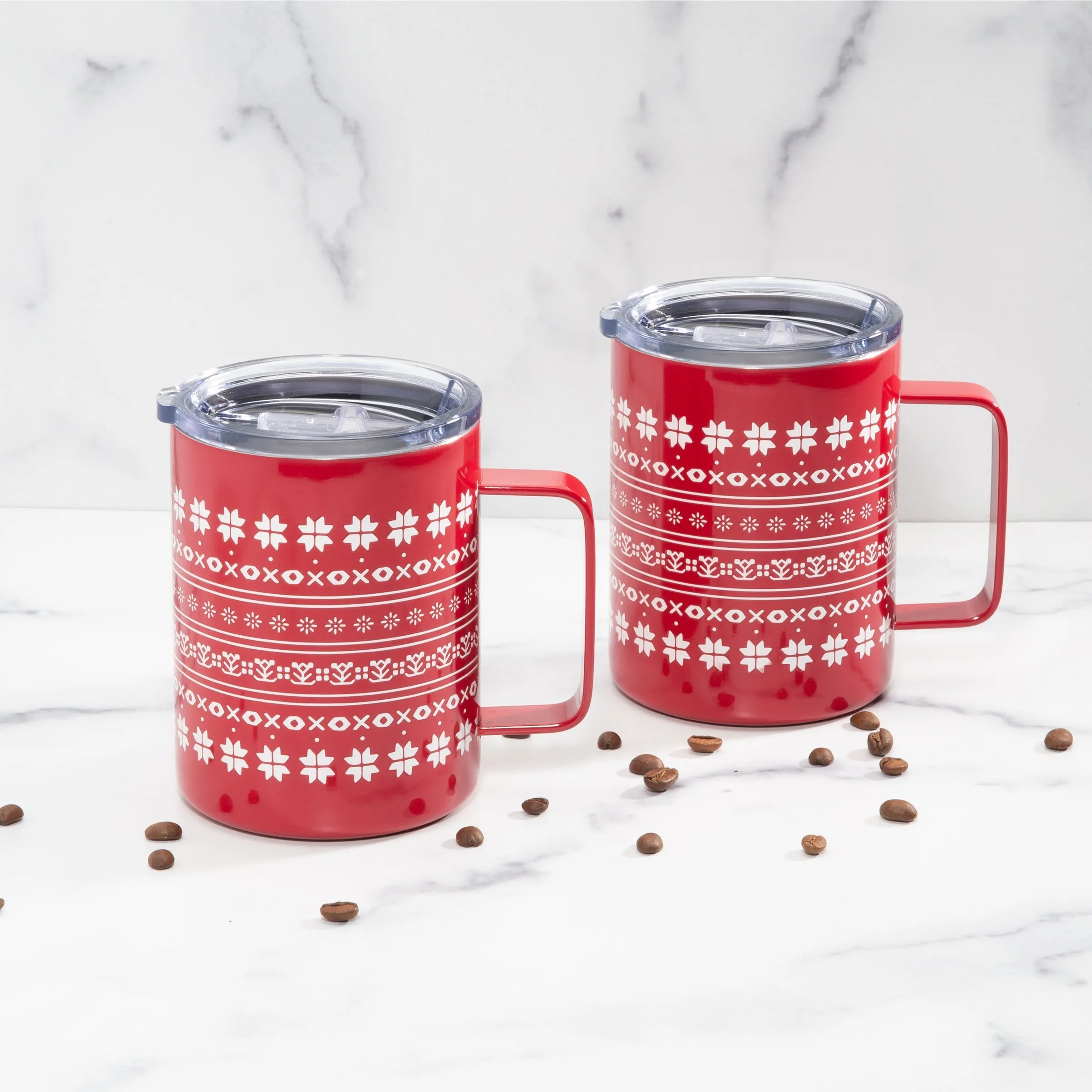 16 Oz White & Red Fair Isle Coffee Mugs, Set Of 2