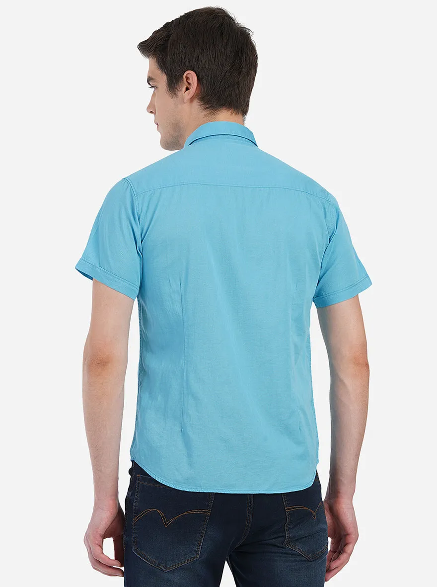 Blue Solid Slim Fit Semi Casual Shirt | Greenfibre