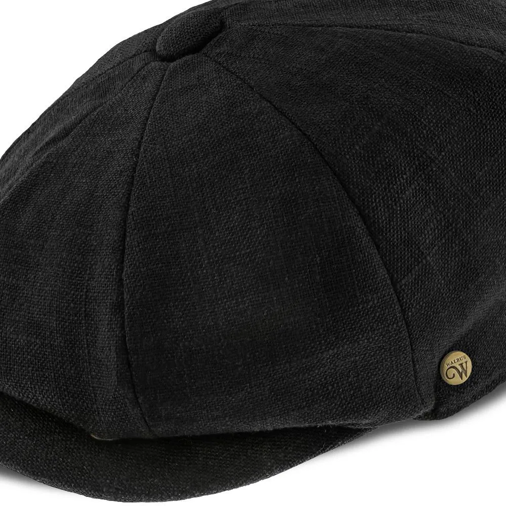 Boardwalk-Walrus Hats Black Linen/Cotton Blend 8 Panel Newsboy Cap