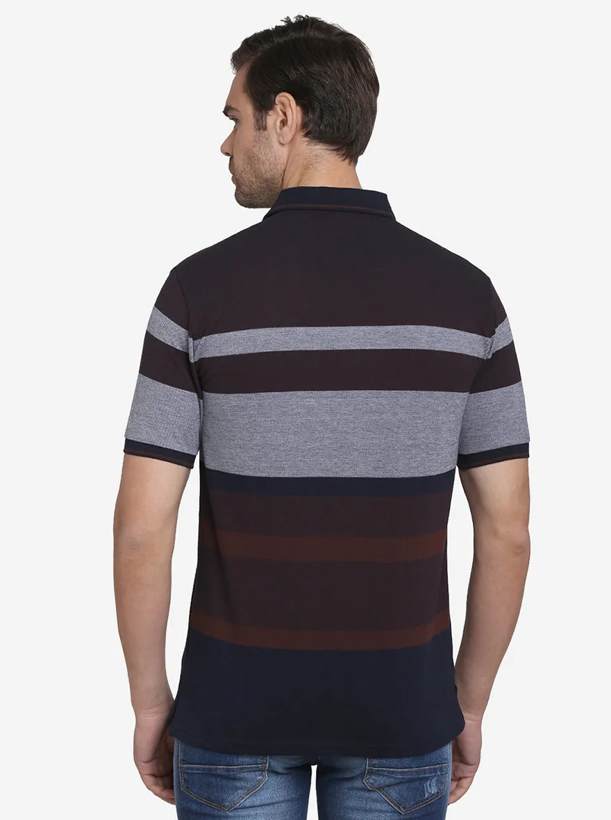 Dark Brown & Grey Striped Slim Fit Polo T-shirt  | JadeBlue