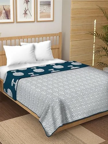 Dream Dwell 100% Pure Cotton Reversible Dohar/AC Blanket for Double Bed |All Weather Light Weight | Floral Design| Geometric Pattern, Navy Blue and White- Pack of 1