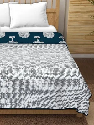 Dream Dwell 100% Pure Cotton Reversible Dohar/AC Blanket for Double Bed |All Weather Light Weight | Floral Design| Geometric Pattern, Navy Blue and White- Pack of 1