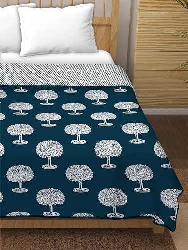 Dream Dwell 100% Pure Cotton Reversible Dohar/AC Blanket for Double Bed |All Weather Light Weight | Floral Design| Geometric Pattern, Navy Blue and White- Pack of 1