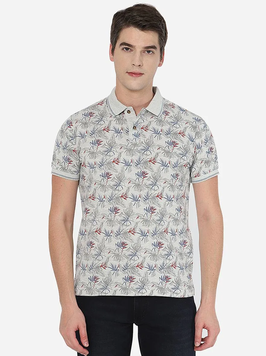 Ecru Melange Printed Slim Fit Polo T-Shirt | Greenfibre