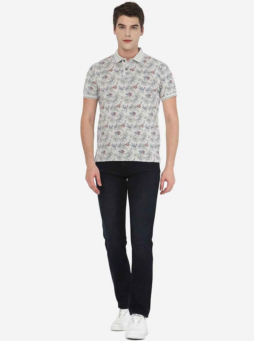 Ecru Melange Printed Slim Fit Polo T-Shirt | Greenfibre