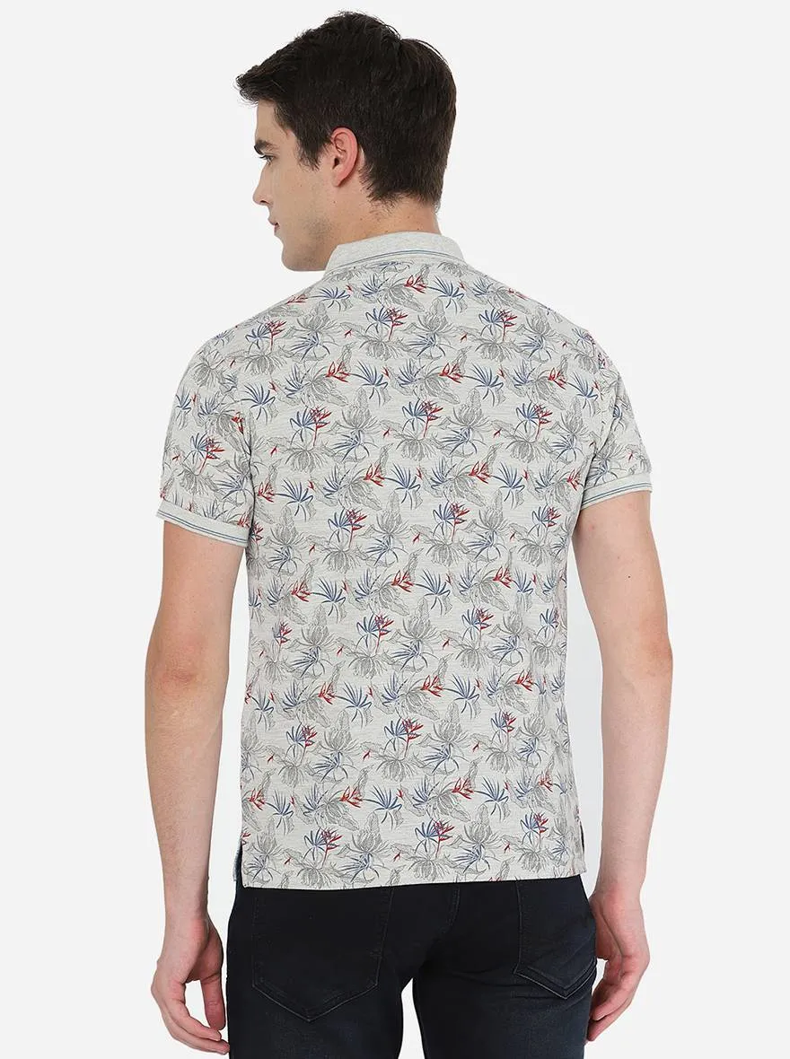 Ecru Melange Printed Slim Fit Polo T-Shirt | Greenfibre