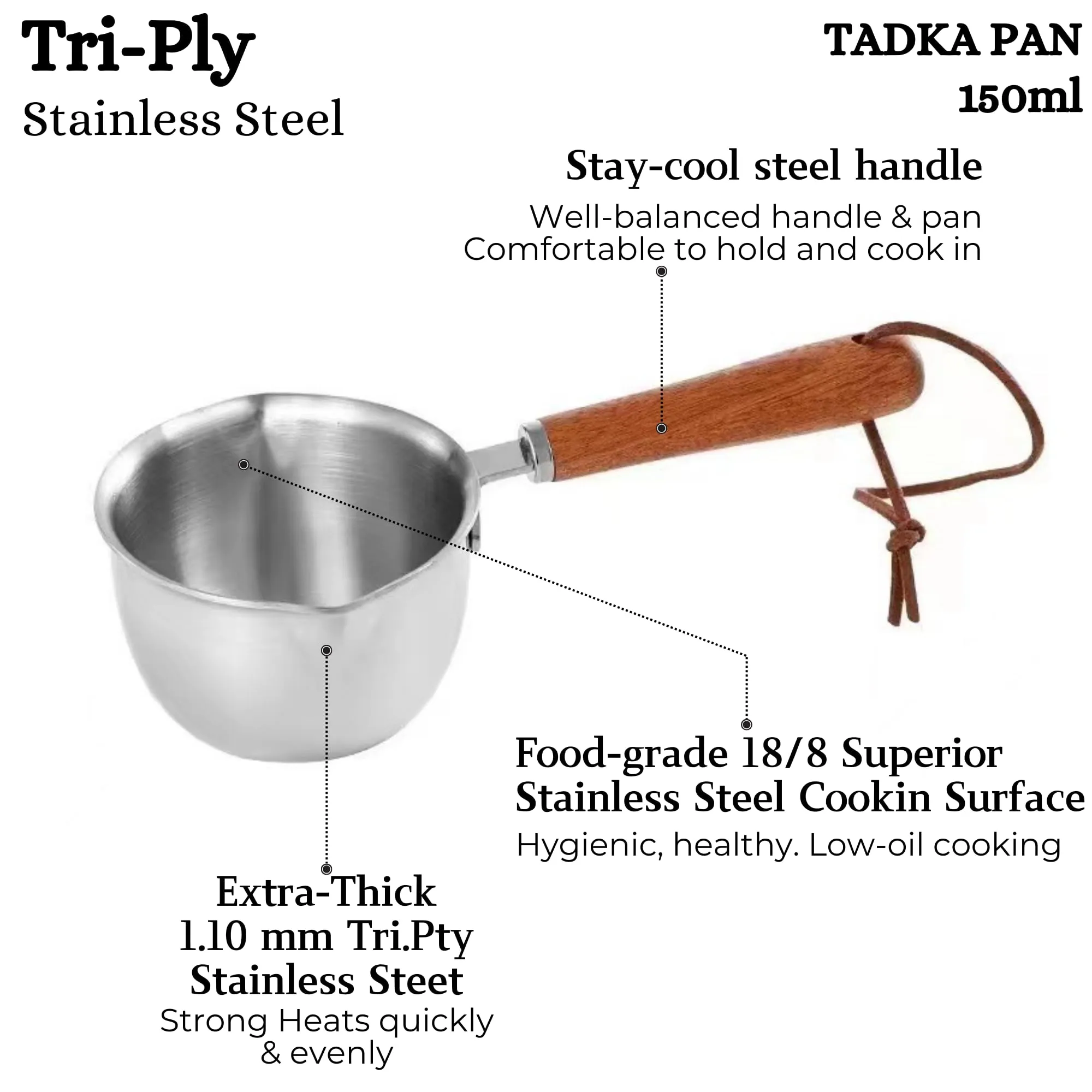 HomeEssentials Tadka Pan - 6cm, 150ml, 0.27kg | Induction Friendly | Milk Pan | Nonstick 3-Layer Body, 100% Pure & Toxin-Free, No Chemical Coating (Stainless Steel)