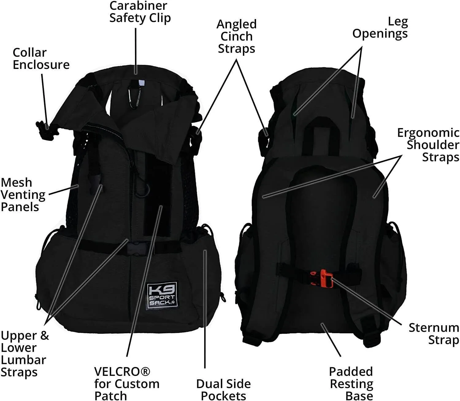 K9 Sports Sack | Air 2 Dog Backpack | 4 Sizes | Black