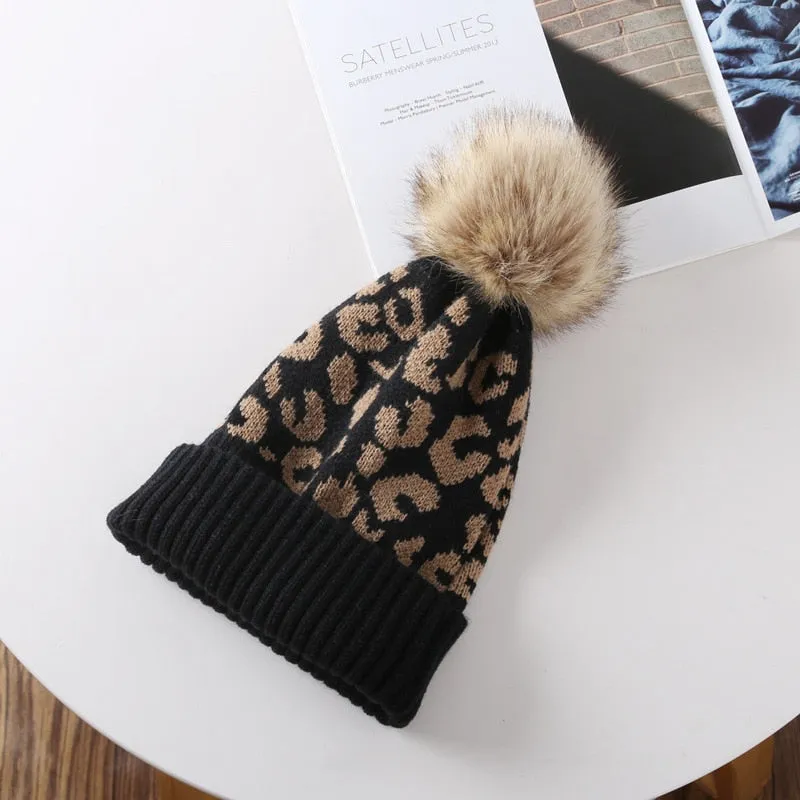 Leopard Knitted Hats Autumn Winter Beanie Hats For Men Women Outdoor Winter Hat Thicken Warm Cap Boy Girls Trendy Pom Pom Hat