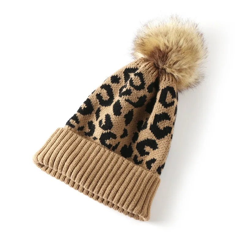 Leopard Knitted Hats Autumn Winter Beanie Hats For Men Women Outdoor Winter Hat Thicken Warm Cap Boy Girls Trendy Pom Pom Hat