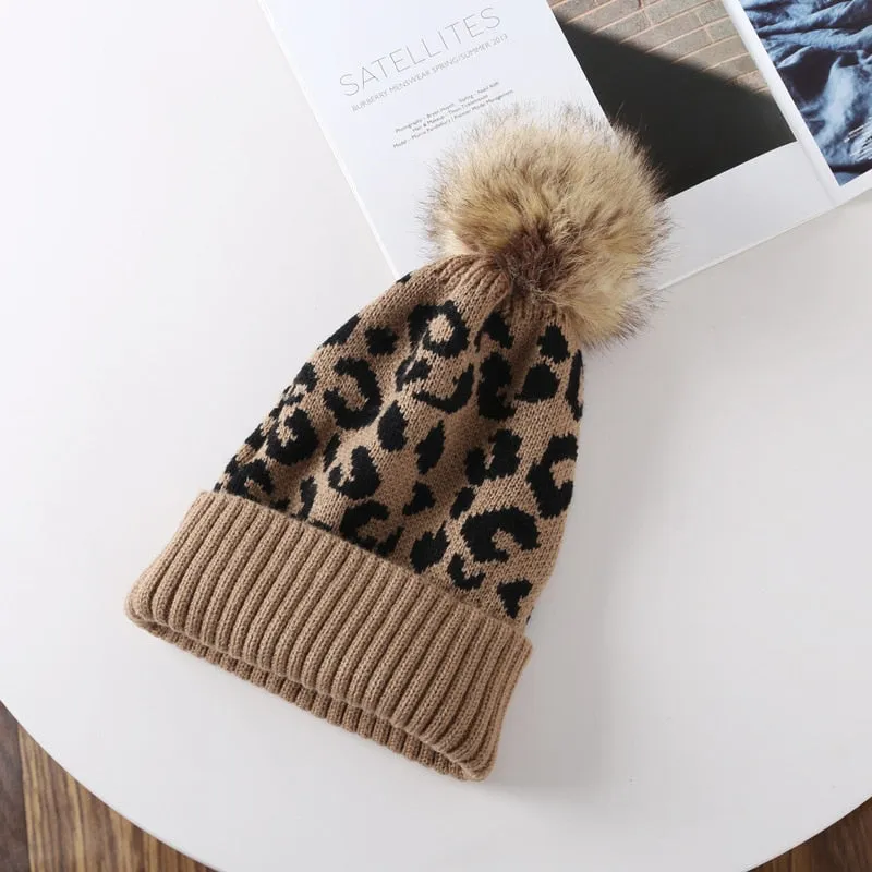 Leopard Knitted Hats Autumn Winter Beanie Hats For Men Women Outdoor Winter Hat Thicken Warm Cap Boy Girls Trendy Pom Pom Hat