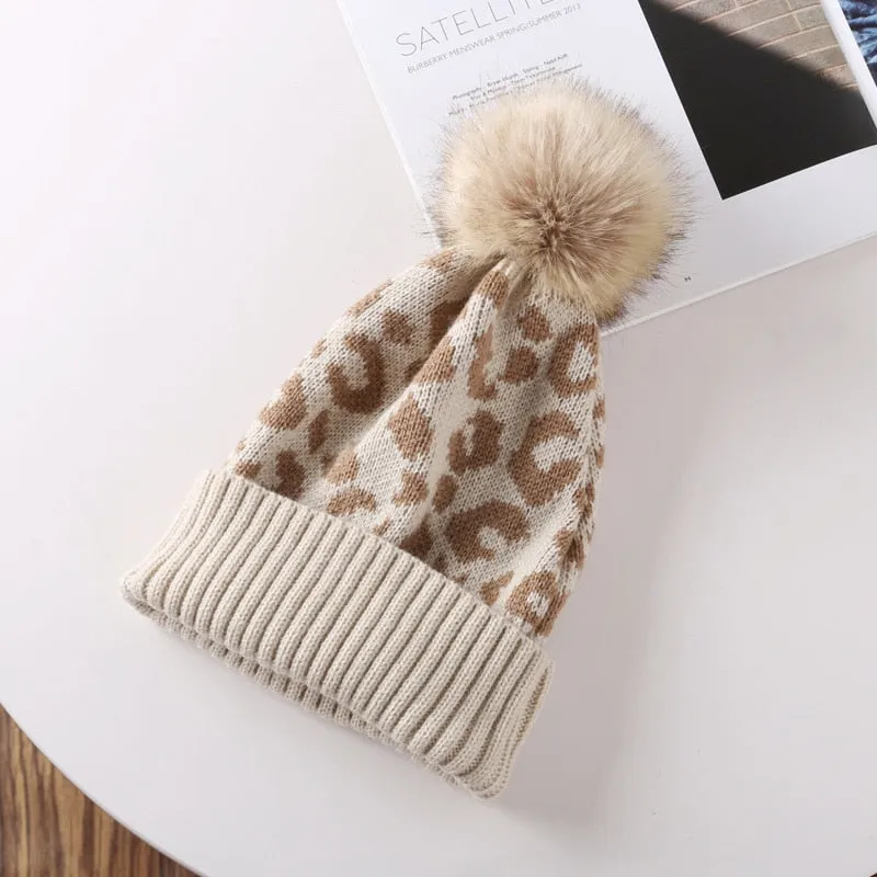 Leopard Knitted Hats Autumn Winter Beanie Hats For Men Women Outdoor Winter Hat Thicken Warm Cap Boy Girls Trendy Pom Pom Hat