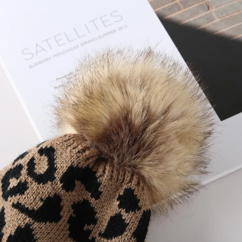 Leopard Knitted Hats Autumn Winter Beanie Hats For Men Women Outdoor Winter Hat Thicken Warm Cap Boy Girls Trendy Pom Pom Hat