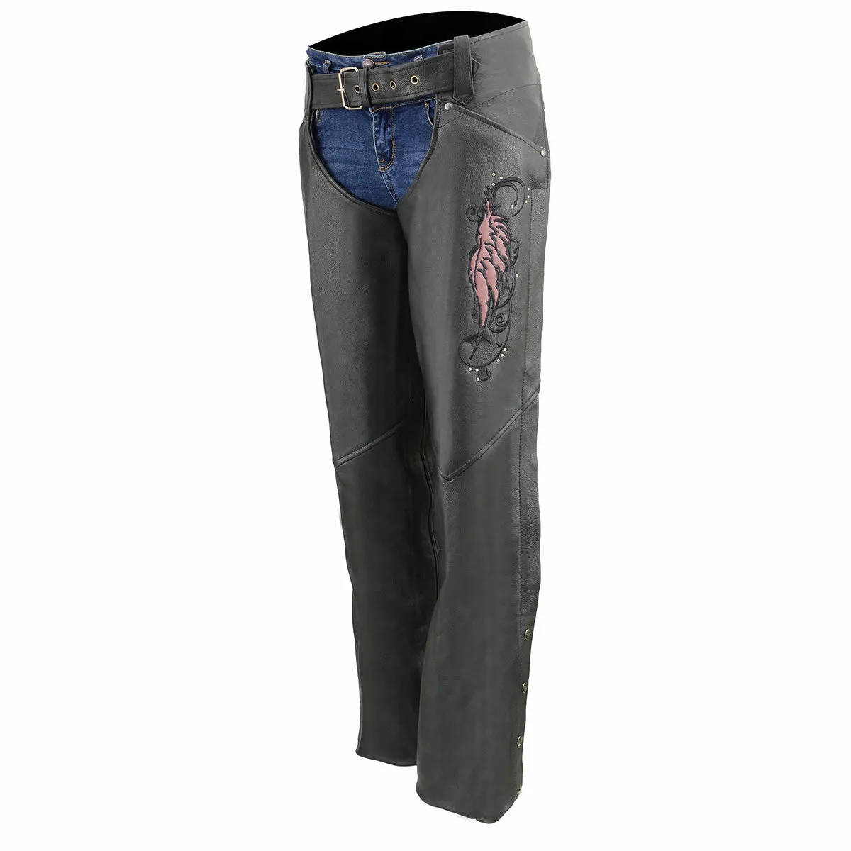 Milwaukee Leather Chaps for Women Black Naked Skin- Classic Black with Pink Color Wing Embroidery Motorcycle Chap- ML1179