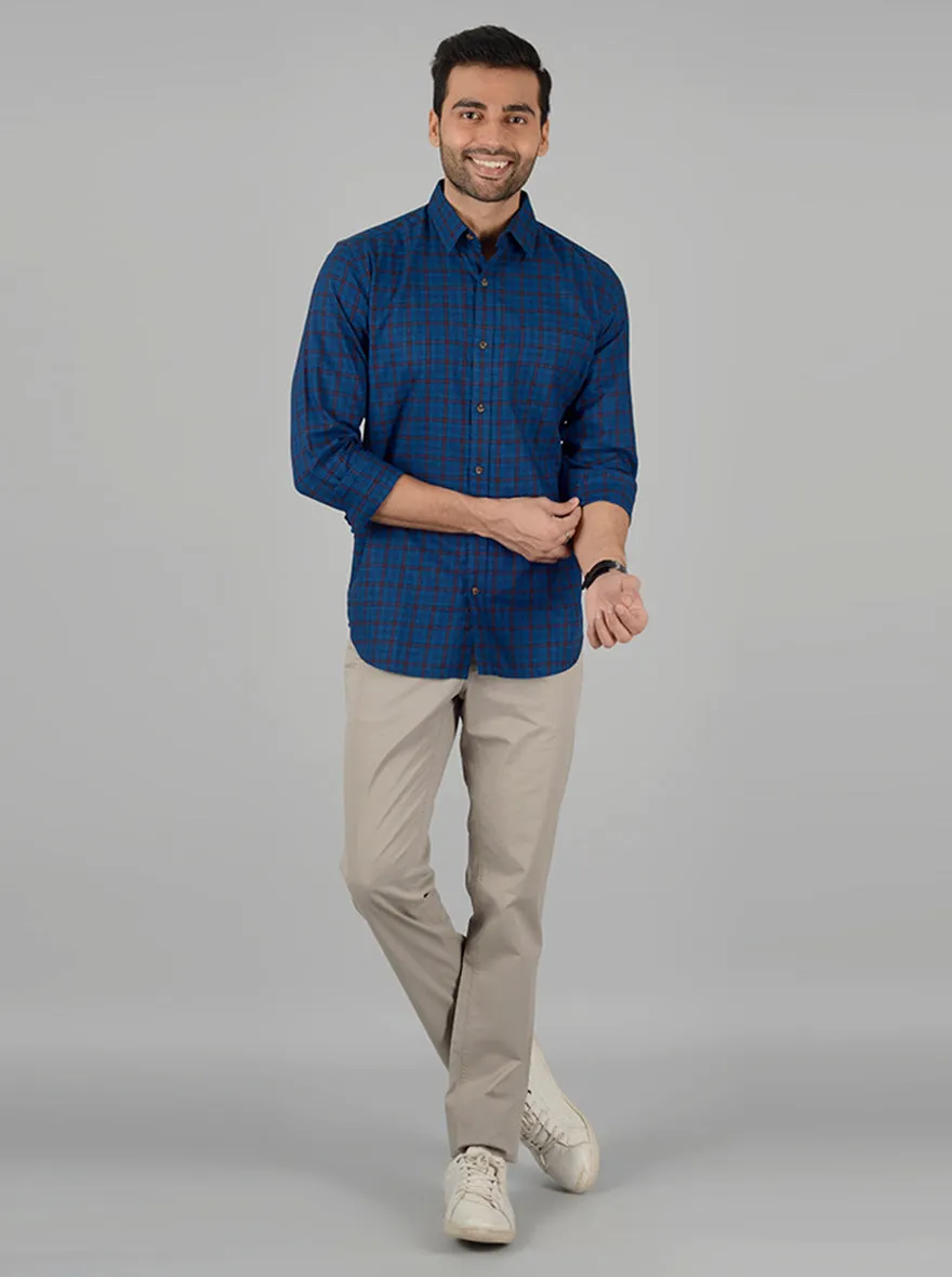 Prussian Blue Checked Slim Fit Casual Shirt | JadeBlue