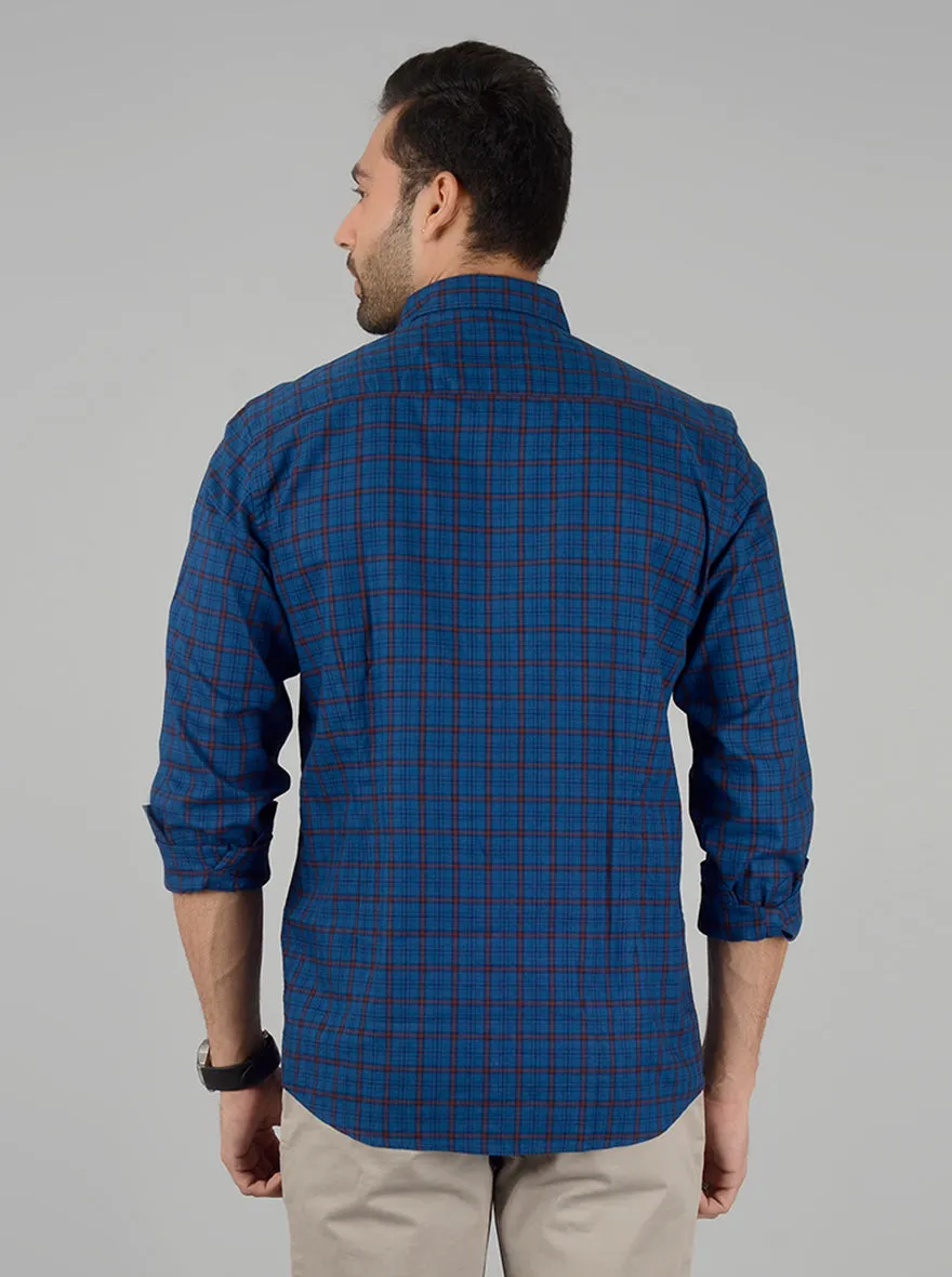 Prussian Blue Checked Slim Fit Casual Shirt | JadeBlue