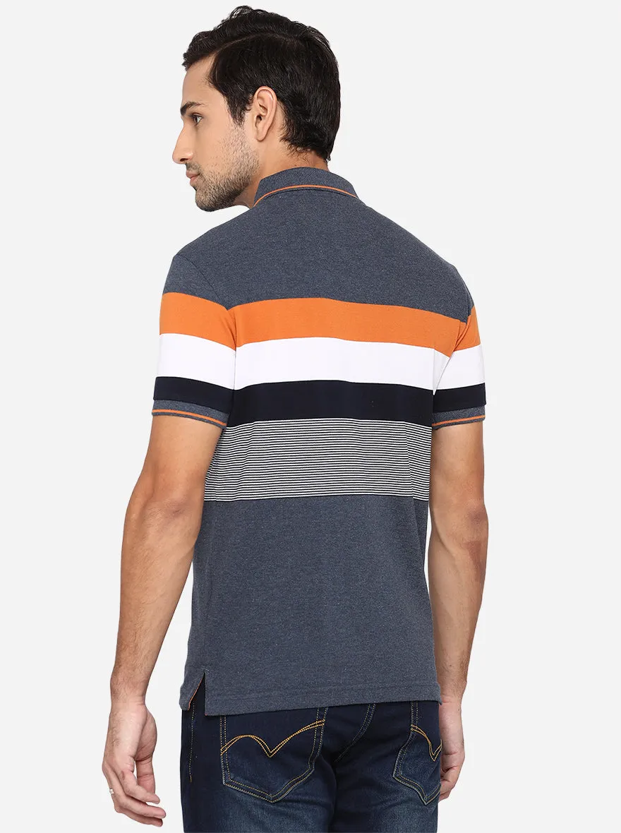 Steel Grey Striped Slim Fit Polo T-Shirt | Greenfibre