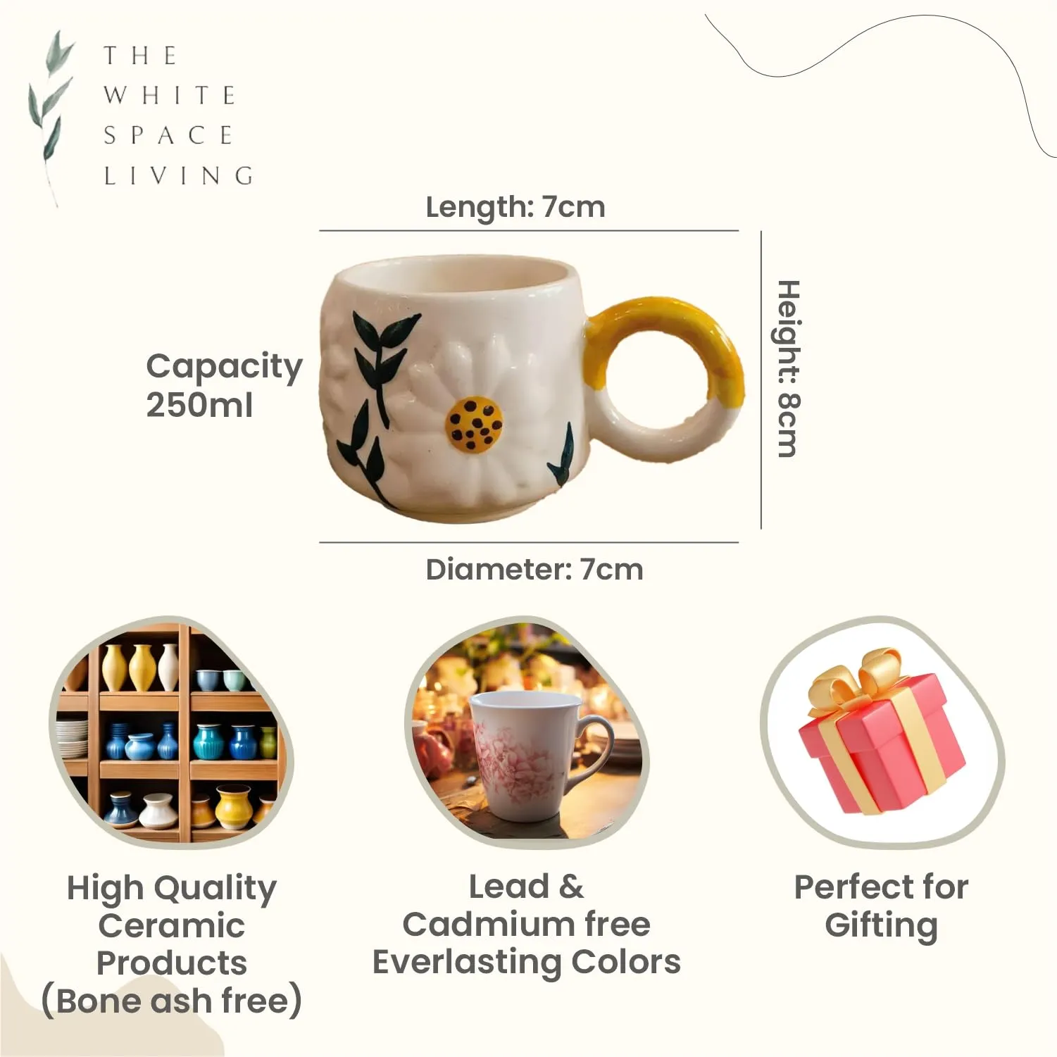 The White Space Living Handcrafted Cute Ceramic Mug for Coffee/Tea/Milk/Green Tea/Cold Coffee | Microwave and Dishwasher Safe | Perfect Gft to Family/Friend (Daisy Mug)