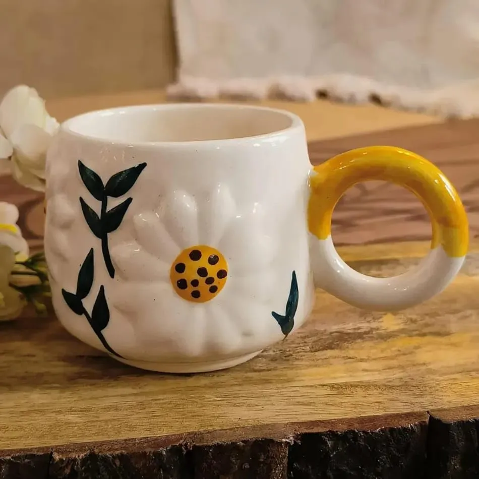 The White Space Living Handcrafted Cute Ceramic Mug for Coffee/Tea/Milk/Green Tea/Cold Coffee | Microwave and Dishwasher Safe | Perfect Gft to Family/Friend (Daisy Mug)