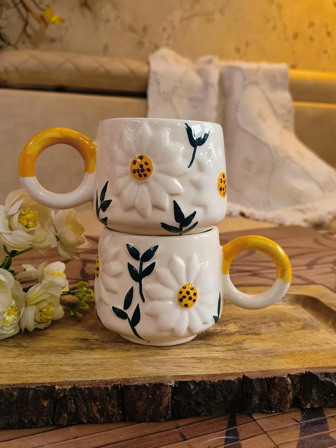 The White Space Living Handcrafted Cute Ceramic Mug for Coffee/Tea/Milk/Green Tea/Cold Coffee | Microwave and Dishwasher Safe | Perfect Gft to Family/Friend (Daisy Mug)