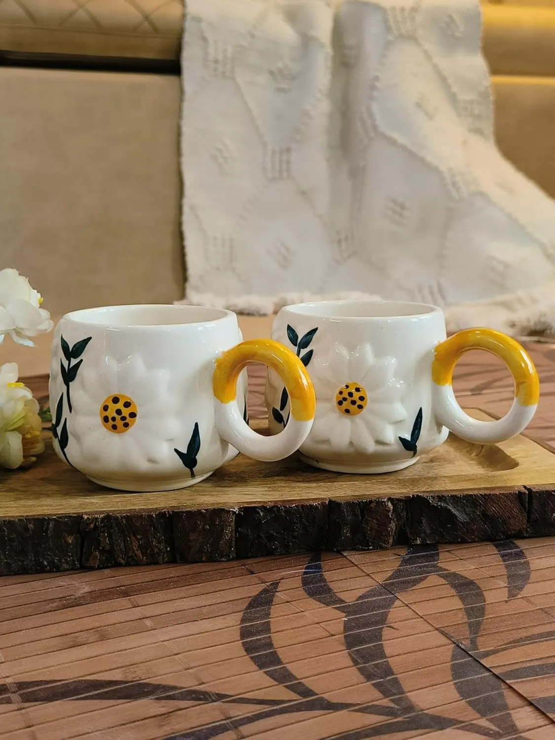 The White Space Living Handcrafted Cute Ceramic Mug for Coffee/Tea/Milk/Green Tea/Cold Coffee | Microwave and Dishwasher Safe | Perfect Gft to Family/Friend (Daisy Mug)